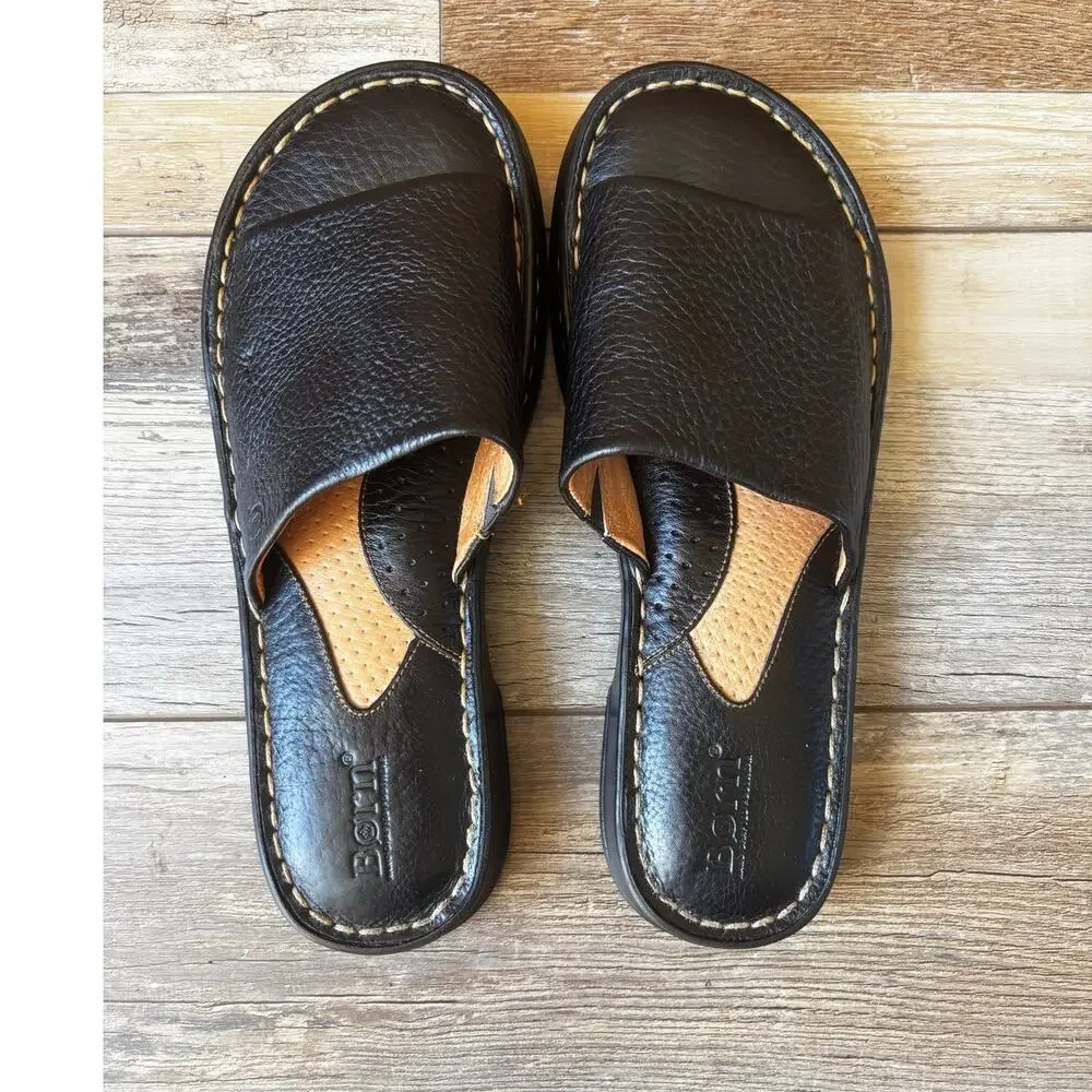 BORN Womens Black Casual Leather Slide Sandals Size 7.5 With Stitching